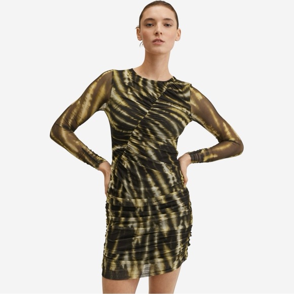 Mango MNG Printed Ruched Mini Dress Sheer Long Sleeves Lined Lightweight Size S - Picture 1 of 10